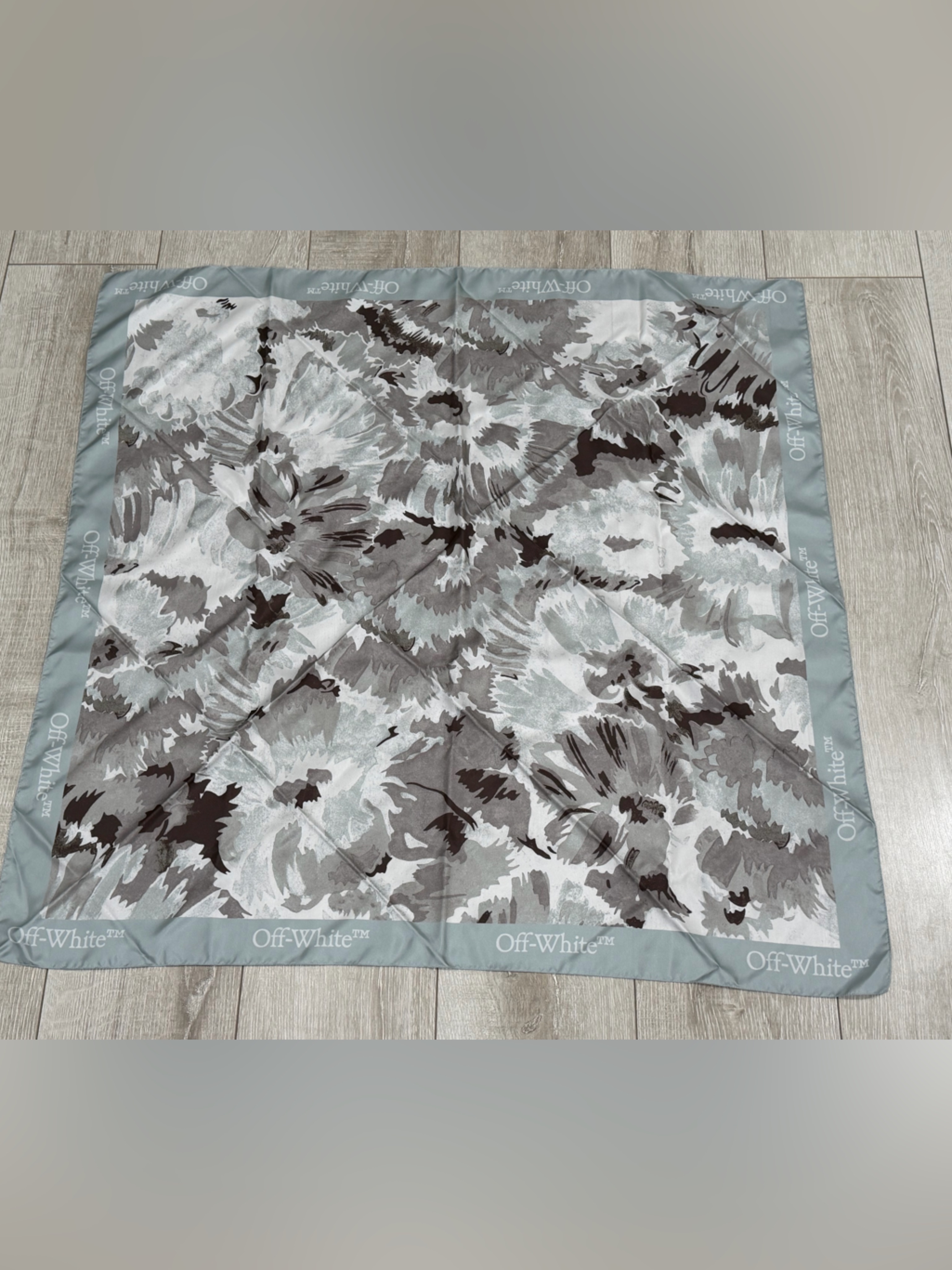 Off-White Floral Silk In Light Blue And Gray Tones Scarf 25x25 Inches